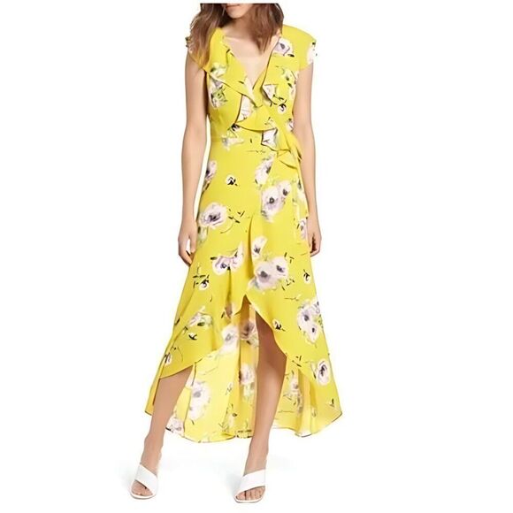 EUC Leith Yellow Purple Floral Ruffle Wrap Maxi High-Low Dress - Picture 1 of 4